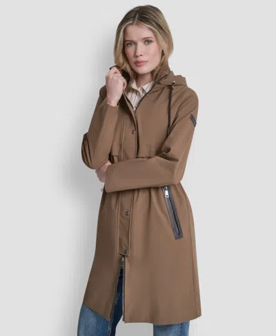 Dkny Womens Pleather Trim Anorak Rain Coat In Brown
