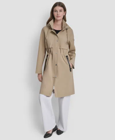 Dkny Womens Pleather Trim Anorak Rain Coat In Brown