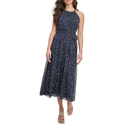 Dkny Womens Polka Dot Halter Neck Midi Dress In Navy,cream