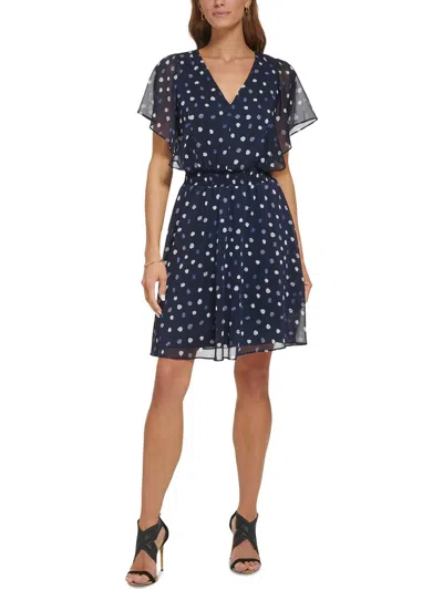 Dkny Womens Polka Dot Polyester Fit & Flare Dress In Blue