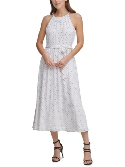 Dkny Womens Polka Dot Tea Length Fit & Flare Dress In Multi