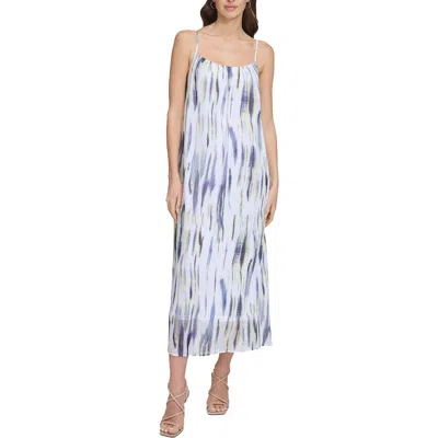 Dkny Womens Printed Chiffon Maxi Dress In White/ Inky Blue Multi