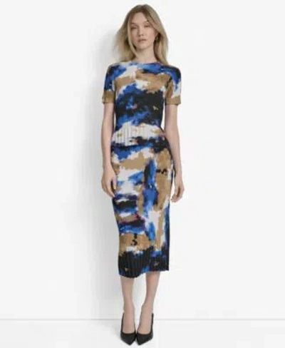 Dkny Womens Printed Mix Rib Short Sleeve Sweater Printed Rib Knit Midi Skirt