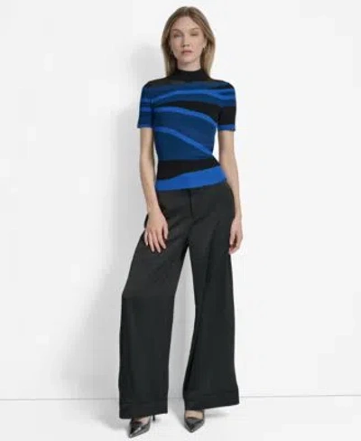 Dkny Womens Printed Mock Neck Short Sleeve Sweater Slim Leg Pull On Ponte Ankle Pants In Black