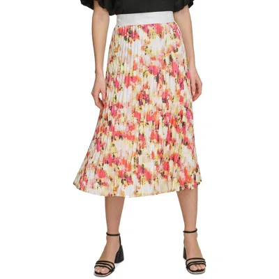Dkny Womens Printed Polyester Pleated Skirt In Ivory,orange Blossom Multi