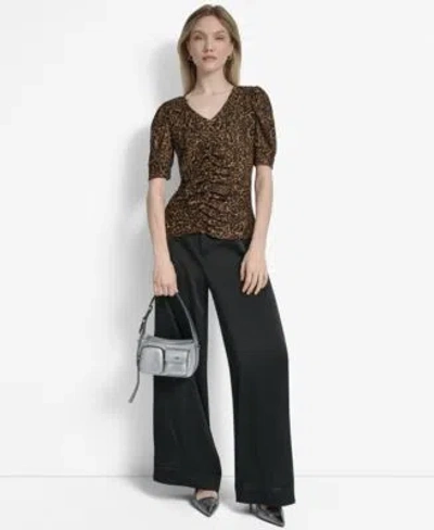 Dkny Womens Printed Puff Sleeve Ruched Top Glazed High Rise Seamed Cuff Wide Leg Pants In Brown