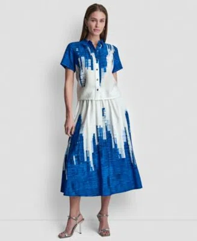 Dkny Womens Printed Short Sleeve Camp Shirt Printed Abstract Pull On Midi Skirt In Multi