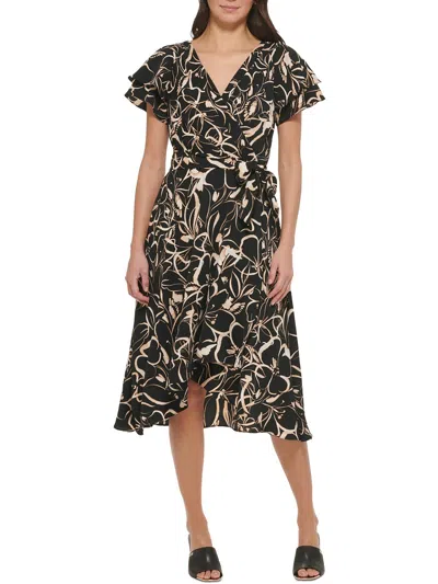 Dkny Womens Printed V Neck Fit & Flare Dress In Black
