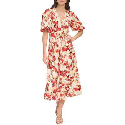 Dkny Womens Printed V-neck Midi Dress In Ivory Orange