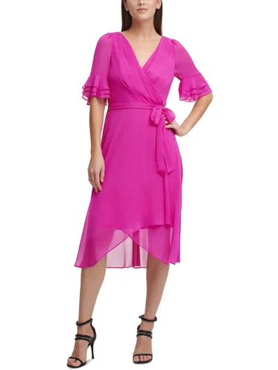 Dkny Womens Puff Sleeve Hi-low Midi Dress In Pink