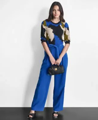 Dkny Womens Puff Sleeve Sweater Tie Front Pleated Wide Leg Pants In Blue
