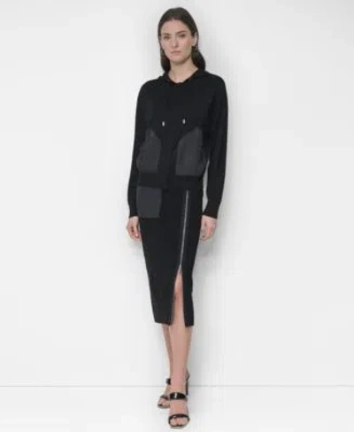 Dkny Womens Pull On Zip Trim Fitted Midi Pencil Skirt Hooded Sweater In Black