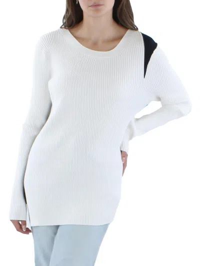 Dkny Womens Ribbed Colorblock Crewneck Sweater In White