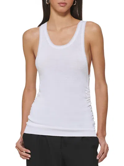 Dkny Womens Ribbed Scoop Neck Pullover Top In White