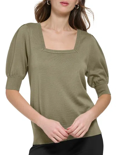 Dkny Womens Ribbed Trim Square Neck Pullover Sweater In Green