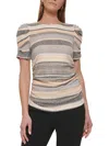 DKNY WOMENS RUCHED SIDES STRIPED BLOUSE