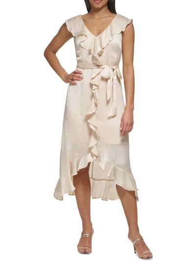 Dkny Womens Ruffled Mid Calf Midi Dress In Beige