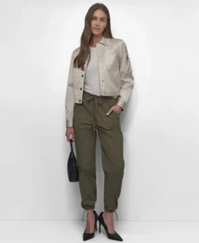 Dkny Womens Sateen Cropped Snap Front Jacket Cutaway Seamless Tank Top Tie Front Cargo Pants In Utility Green