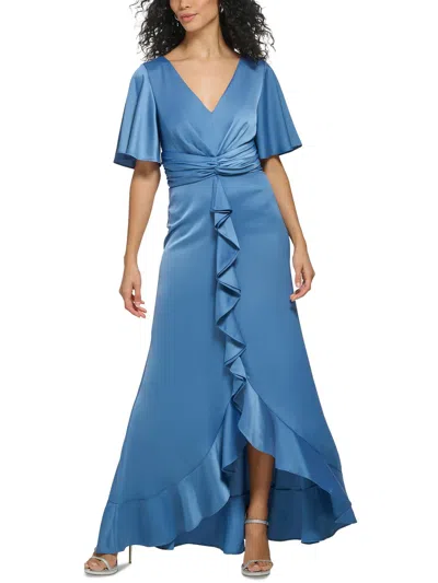 Dkny Womens Satin Flutter Sleeves Evening Dress In Blue