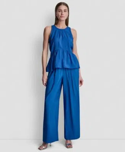 Dkny Womens Scoop Neck Blouse High Rise Pull On Ankle Pants In Blue