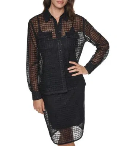 Dkny Womens Sequin Mesh Point Collar Long Sleeve Blouse Sequin High Waisted Midi Skirt In Black
