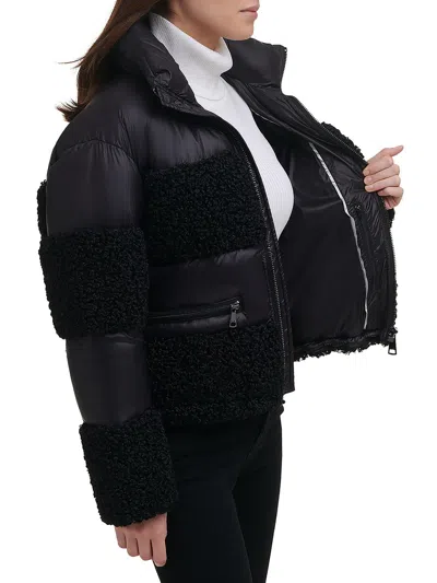 Dkny Womens Sherpa Cold Weather Puffer Jacket In Black