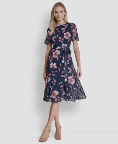 Dkny Womens Short Godet Sleeve Jewel Neck Midi Dress In Multi