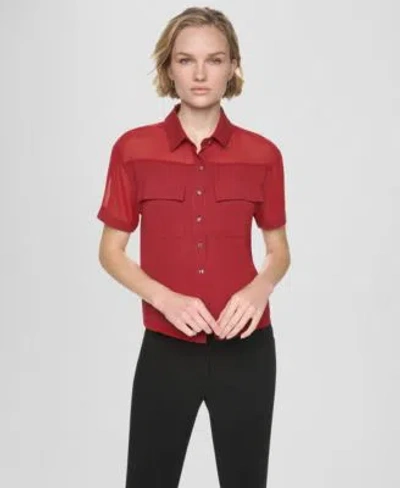 Dkny Womens Short Sleeve Buttoned Collared Camp Shirt In Red