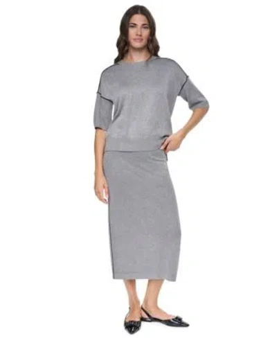 Dkny Womens Short Sleeve Pointelle Mesh Contrast Trim Sweater Pointelle Mesh A Line Pull On Skirt In Gray