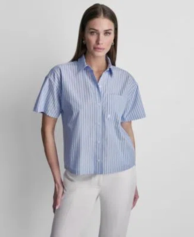 Dkny Womens Short Sleeve Striped Poplin Button Front Shirt In Blue