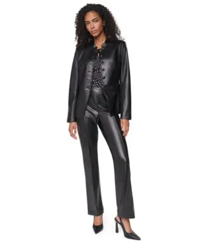 Dkny Womens Shoulder Padded Long Sleeve Faux Leather Jacket High Waisted Flared Faux Leather Pants In Black