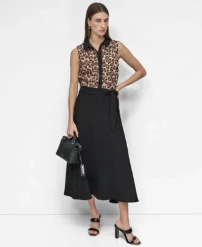 Dkny Womens Sleeveless Leopard Print Blouse Tie Waist Midi Skirt In Multi