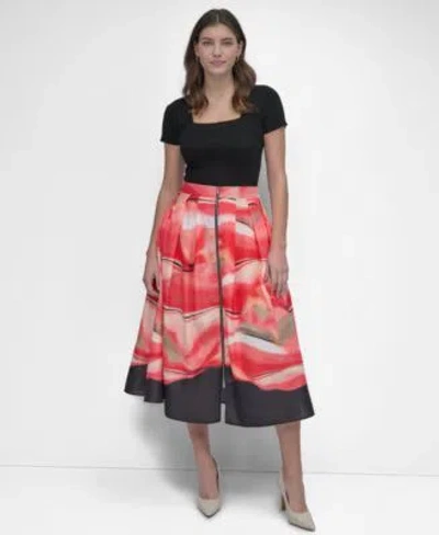 Dkny Womens Square Neck Short Sleeve Sweater Printed Zipper Front Midi Skirt In Brushed Marble Border
