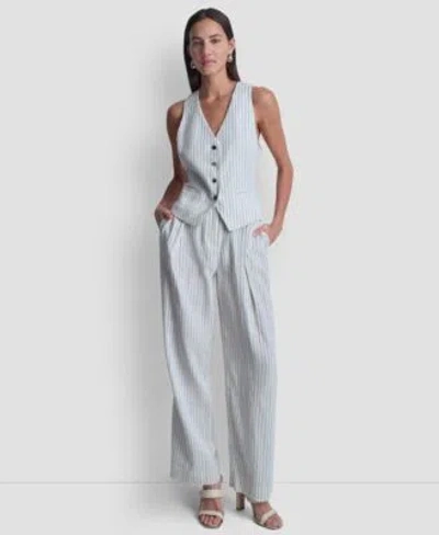 Dkny Womens Striped Sleeveless Button Down Vest Striped Wide Leg Pants