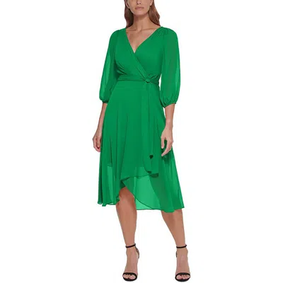 Dkny Puff Sleeve Faux Wrap Midi Dress In Green