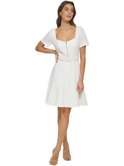 Dkny Womens Sweetheart Neck Belted Fit & Flare Dress In White
