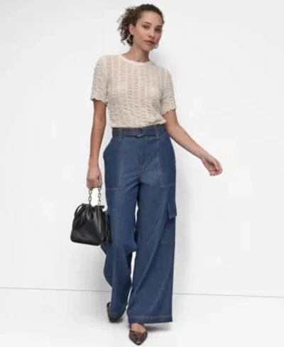 Dkny Womens Textured Top Lightweight Wide Leg Jeans In Blue