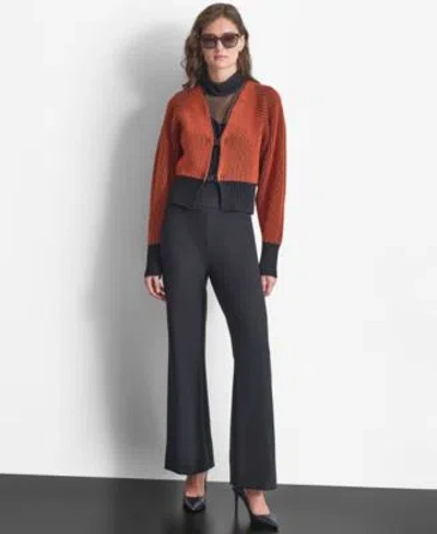Dkny Womens Turtleneck Long Sleeve Zip Back Mesh Top Soft Ponte Knit High Rise Pull On Pants Contrast Rib In Black