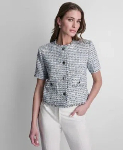 Dkny Womens Tweed Button Front Cropped Jacket In Gray