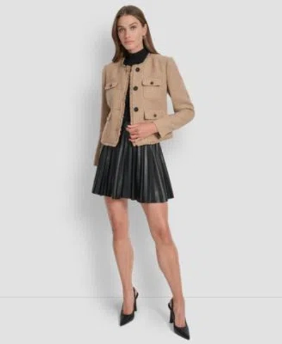 Dkny Womens Tweed Pocket Front Crop Jacket Mock Neck Sleeveless Knit Top Faux Leather Pleated Mini Skirt In Brown