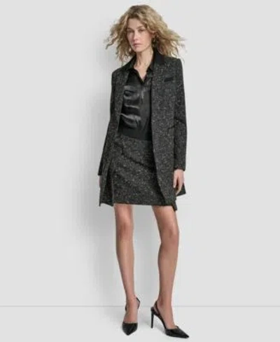 DKNY WOMENS TWEED TOPPER JACKET PLEATED MINI SKIRT LONG SLEEVE COLLARED NECK TOP