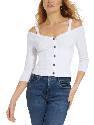 Dkny Womens V Neck Cold Shoulder Button-down Top In White
