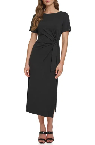 Dkny Wrap Detail Stretch Cotton Midi Dress In Black