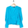 Dkny Wrap Front Satin Peplum Blouse In Aegean Blue
