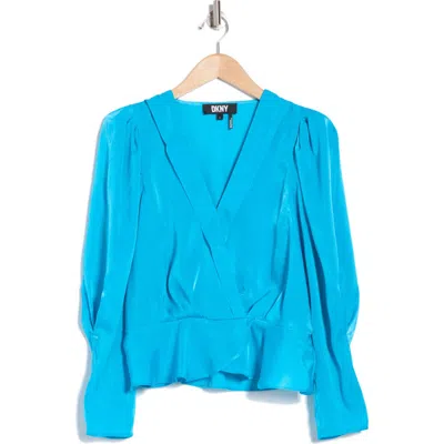 Dkny Wrap Front Satin Peplum Blouse In Aegean Blue