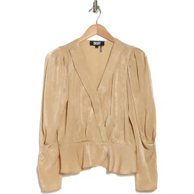 Dkny Wrap Front Satin Peplum Blouse In Sandalwood