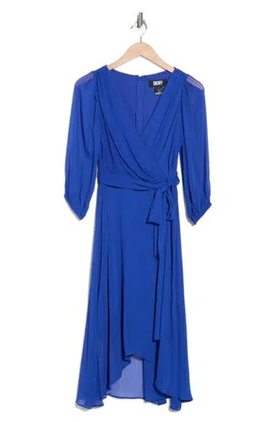 Dkny Wrap Front Tie Waist Long Sleeve Midi Dress In Cobalt