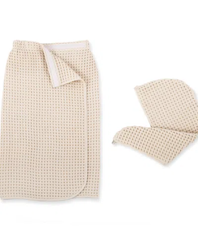 DKNY YARN DYED WAFFLE UNBLEACHED COTTON BODY AND HAIR WRAP SET