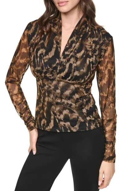 Dkny Zebra Print Long Sleeve Mesh Shirt In Brown