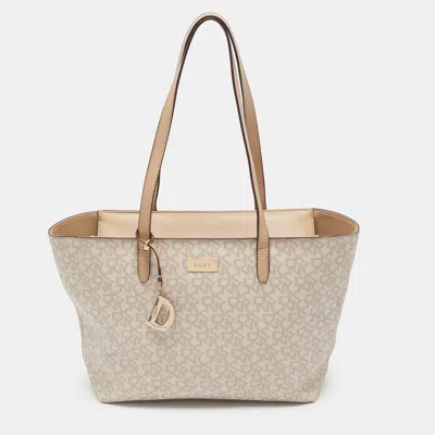 Pre-owned Dkny Zip Beige Signature Coated Canvas And Leather Tote In Sand